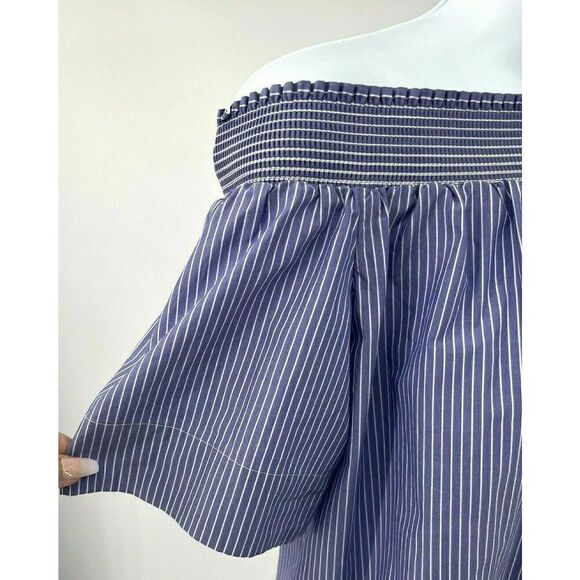 J.Crew Womens Off-The-Shoulder Top Shirt size 4 Blue White Pinstriped Shirring - Picture 6 of 11